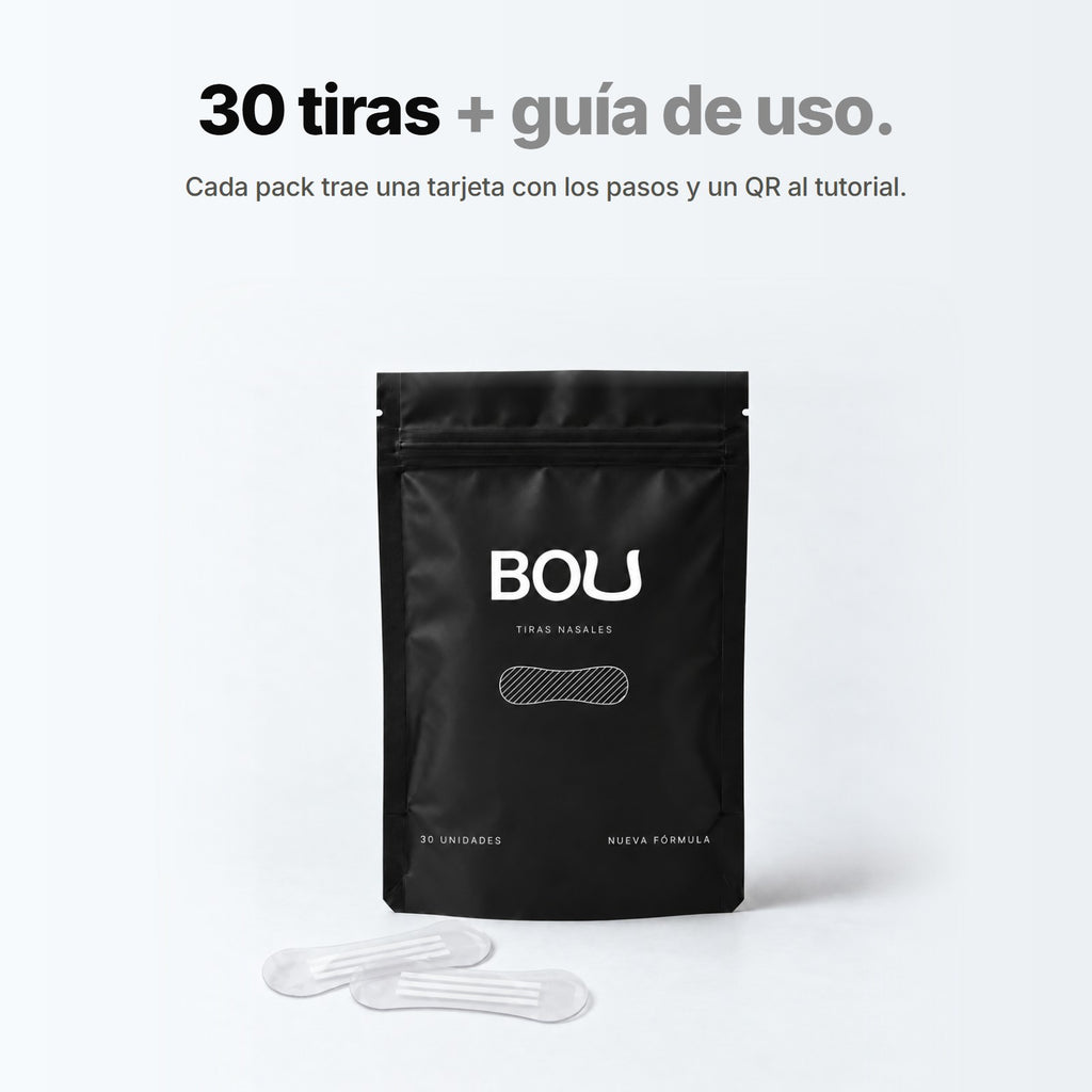 Qué trae el pack de Tiras Deportivas BOU: 30 tiras, bolsa con cierre y tarjeta con la guía de uso