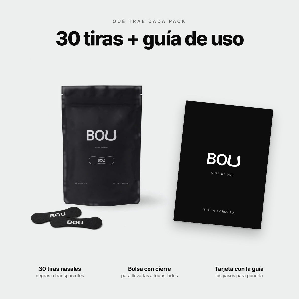 Qué trae el pack de Tiras Deportivas BOU: 30 tiras, bolsa con cierre y tarjeta con la guía de uso