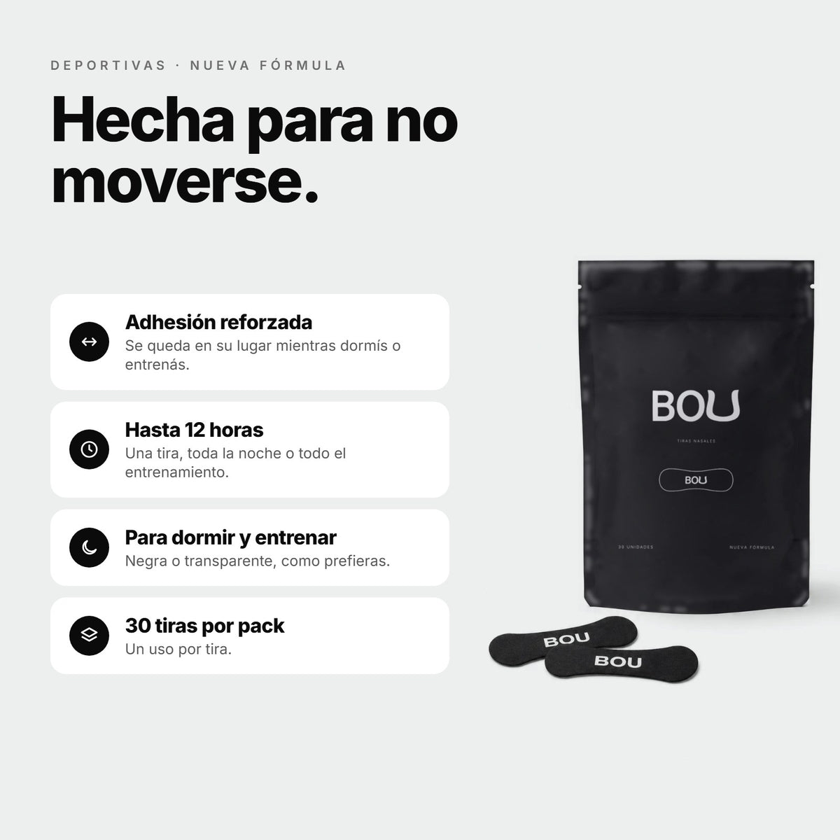 Tiras Deportivas BOU: adhesión reforzada, hasta 12 horas, para dormir y entrenar, 30 tiras